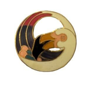Vintage Flamingo Brooch Pin Cloisonné Gold Tone Enamel Round 1.5”